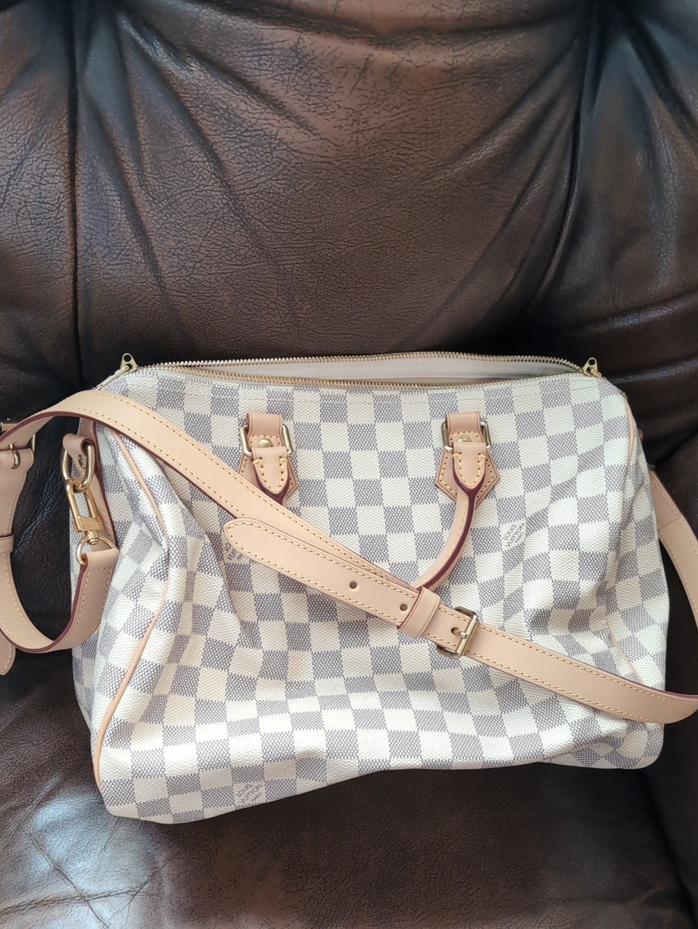 Louis Vuitton Damier Azur Checkerboard Shoulder Bag in Light Gray and Cream